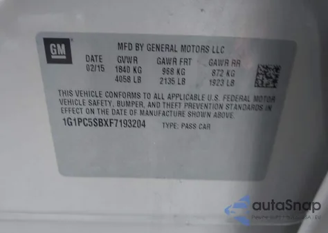 2015 Chevrolet Cruze 1Lt Auto из США, поврежденный, VIN 1G1PC5SBXF7193204